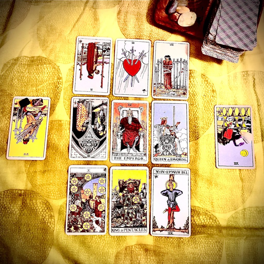 9 tarot cards laid out in a grid format