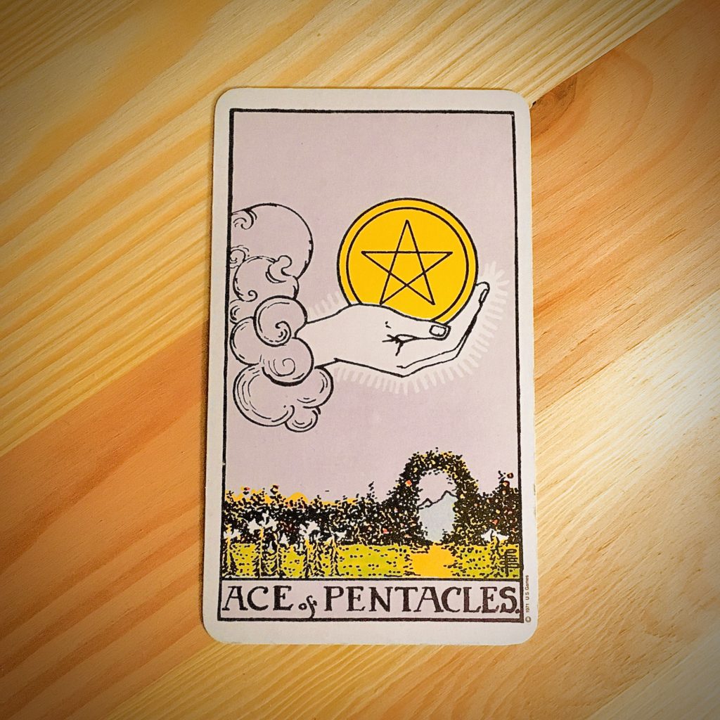 ace of pentacles tarot card with pine wood background